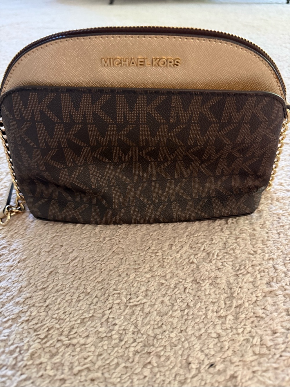 Michael Kors Brown and Tan Signature Logo Emmy Crossbody bag